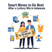 An illustration of a happy couple holding a giant lottery ticket for "Rp 10 MILYAR" (10 billion Indonesian Rupiah), surrounded by circular icons representing smart financial moves such as consulting, investing, and saving, with the title "Smart Moves to Do Next After a Lottery Win in Indonesia.