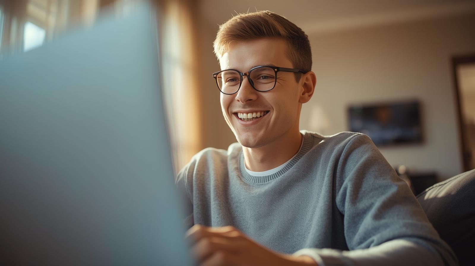 Happy man using laptop for online casino gaming in bright cozy room.