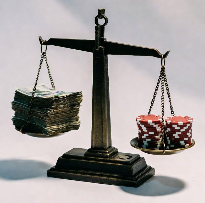 A balanced scale with money on one side and betting chips on the other, symbolizing risk management