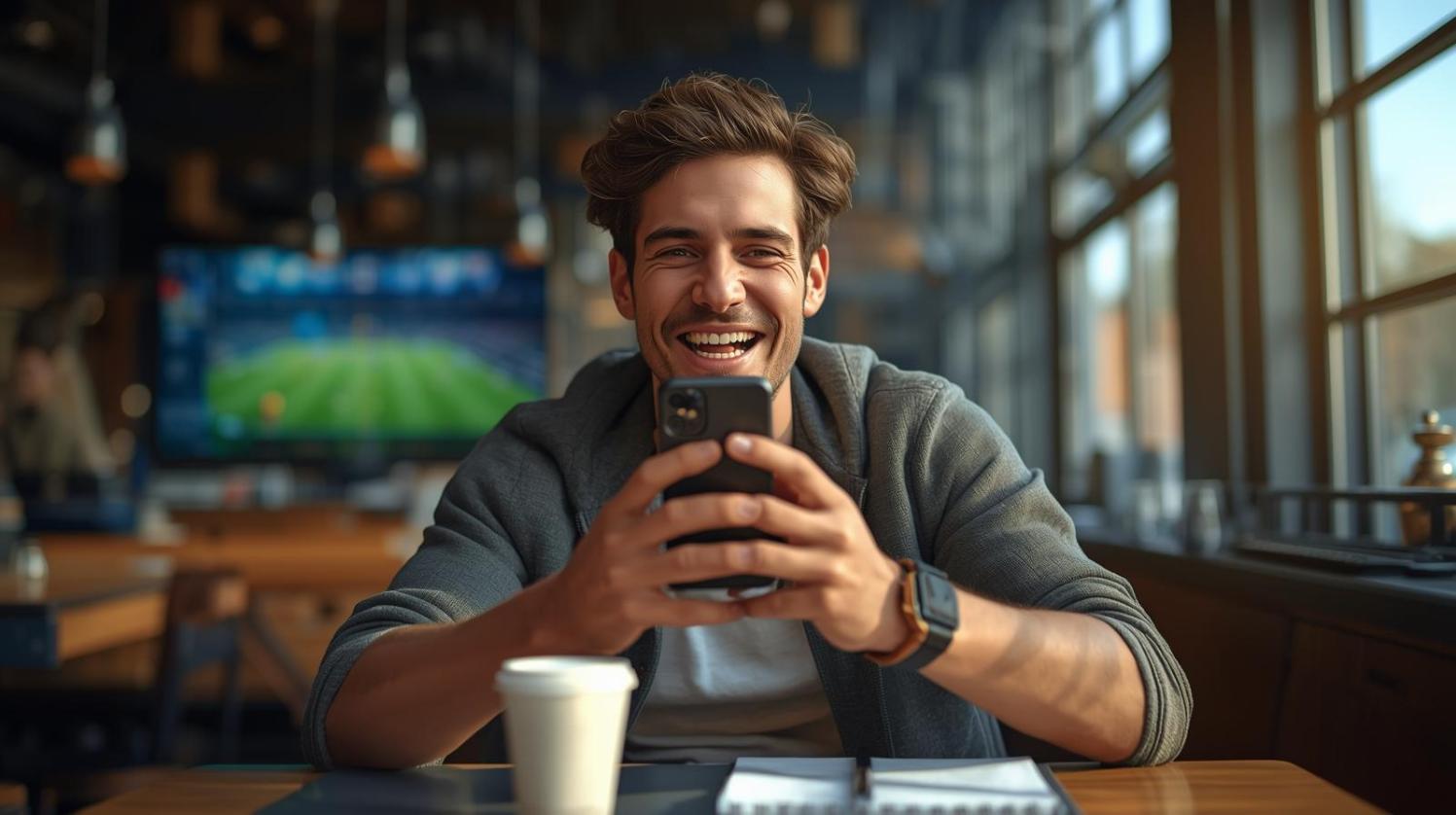 Excited man checks smartphone after winning live sports bet in bright social setting.