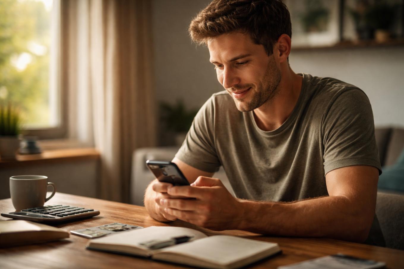Man calmly using phone while tracking small online gaming financial activity.