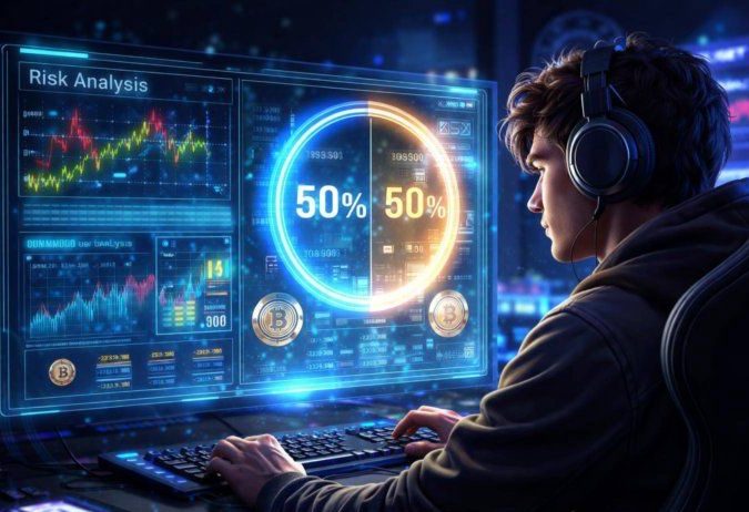A gamer analyzing risk charts and coinflip odds on a futuristic holographic display