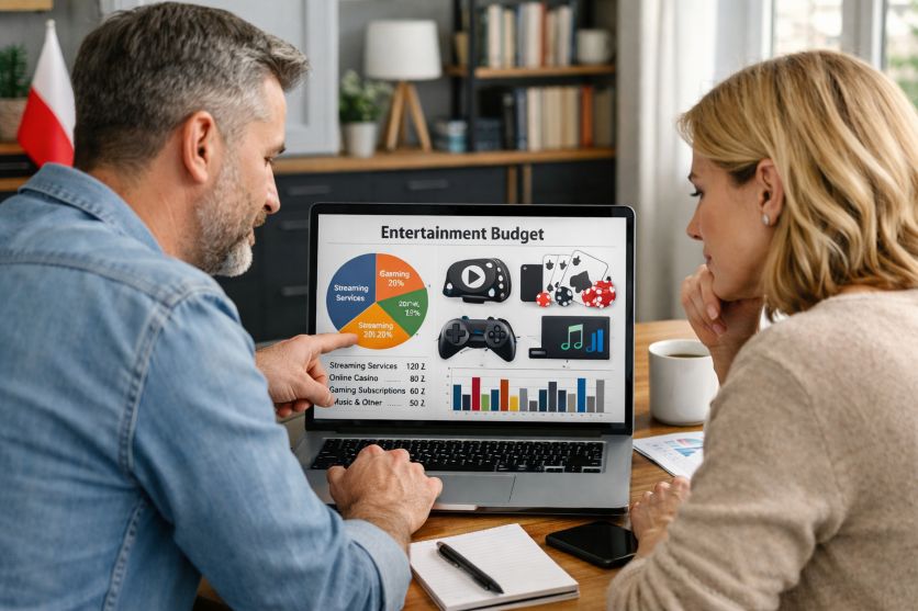 adults reviewing personal entertainment budgets on a laptop in Poland
